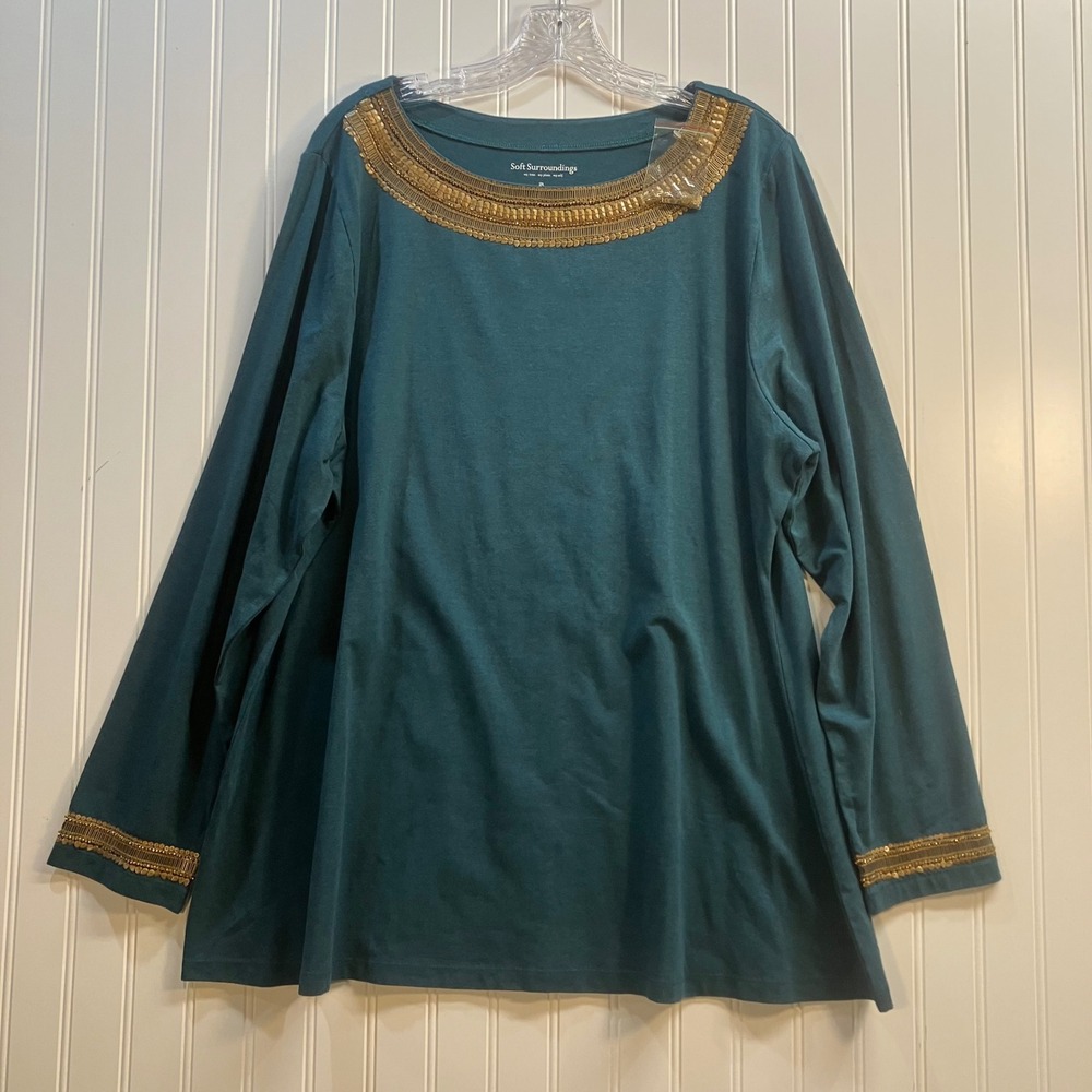 Soft‎ Surroundings Teal Gold Beaded Knit Top Tunic 2X Long Sleeve Artisan Boho
